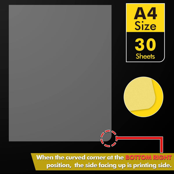 A-SUB DTF transfer film A4 size pack with 30 sheets, highlighting printing side and corner positioning.