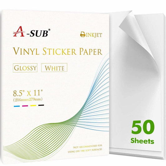 A-SUB Waterproof Glossy Vinyl Sticker Paper for Inkjet Printer 50 Sheets - A-SUB