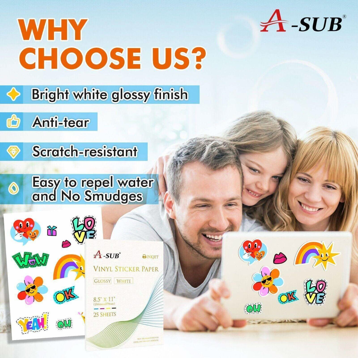 A-SUB Waterproof Glossy Vinyl Sticker Paper for Inkjet Printer 25 Sheets