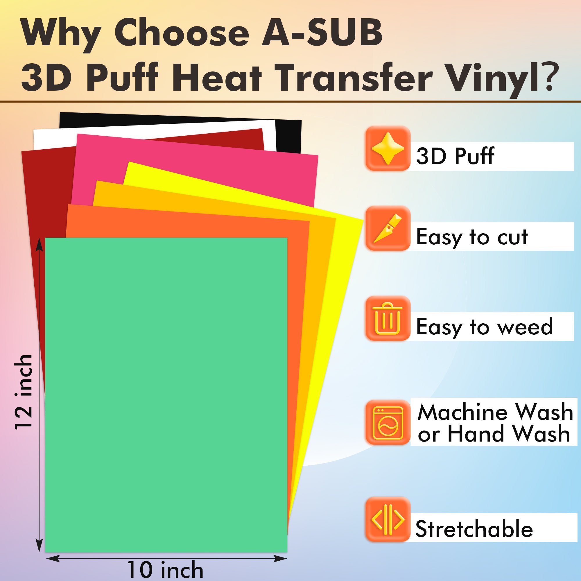 A SUB 3D Puff Heat Transfer Vinyl  8 PCS - 8 Colors Puff Vinyl Sheets 10''x 12