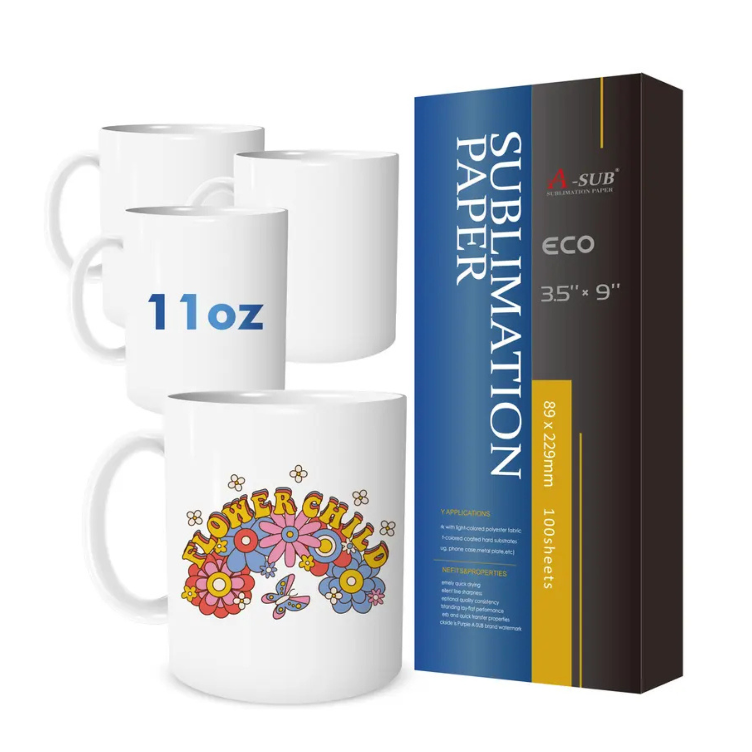 Three white mugs with different designs next to a box of A-SUB sublimation paper.