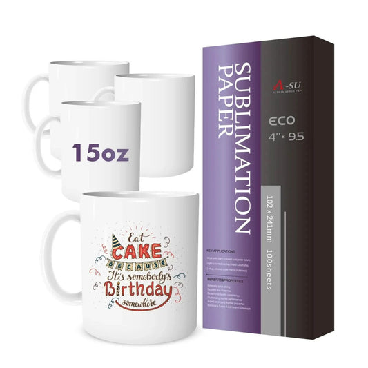 Three white mugs with text and a box of A-SU sublimation paper on a white background
