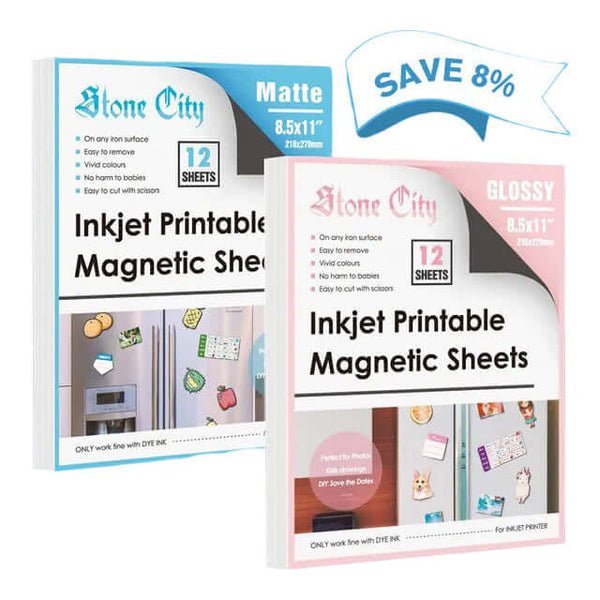 Two packages of Stone City Inkjet Printable Magnetic Sheets on a blue background with a 'Save 8%' banner.