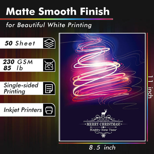 Matte White Cardstock Paper – 8.5x11", 61lb(230gsm), 100 Sheets for Inkjet Printers, DIY Cards & Crafts