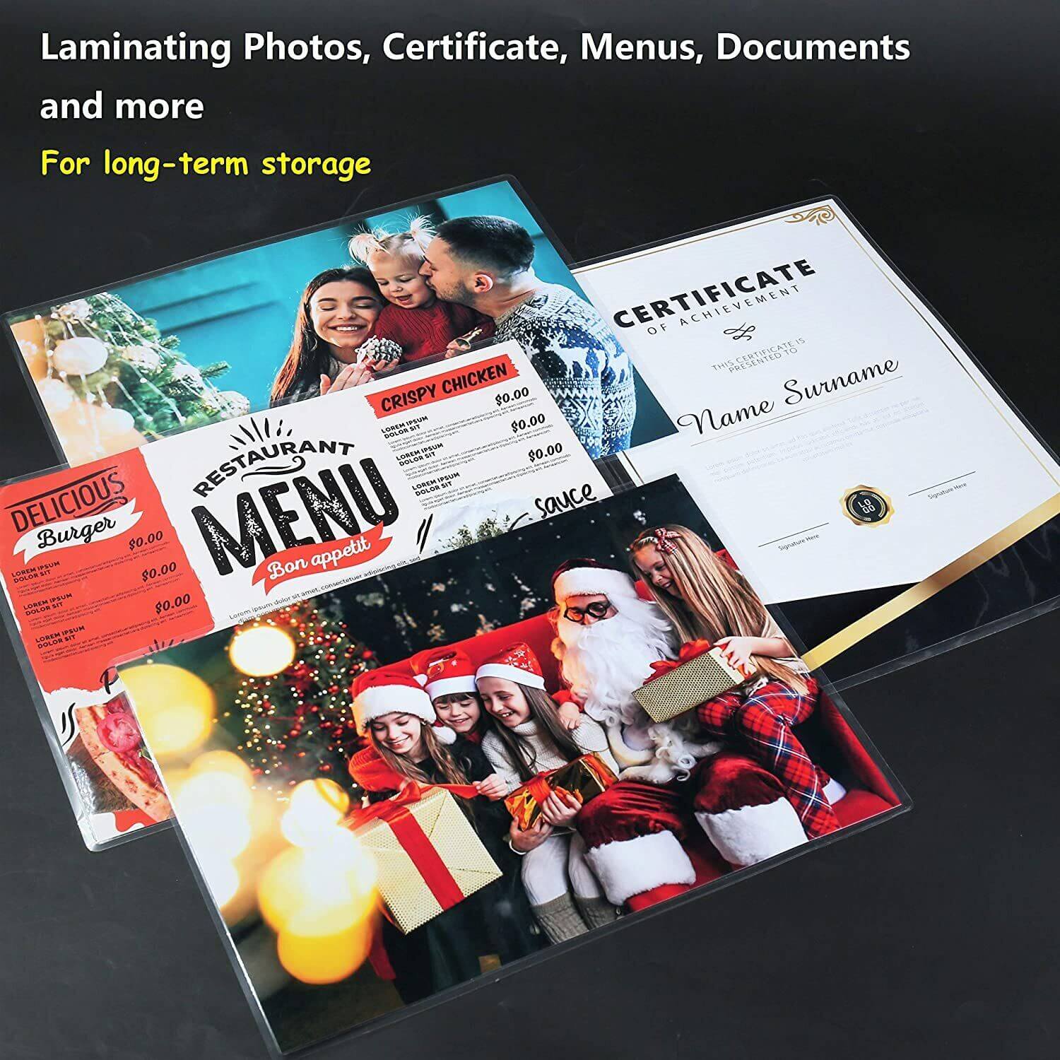 Thermal laminating pouches 11.5x17.5 with photos, certificates, and menus for long-term storage.