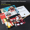 Thermal laminating pouches 11.5x17.5 with photos, certificates, and menus for long-term storage.