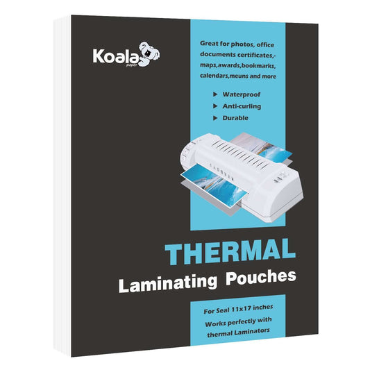 Thermal Laminating Pouches 11.5x17.5 packaging with laminator and documents, bubble-free, crystal clear protection.