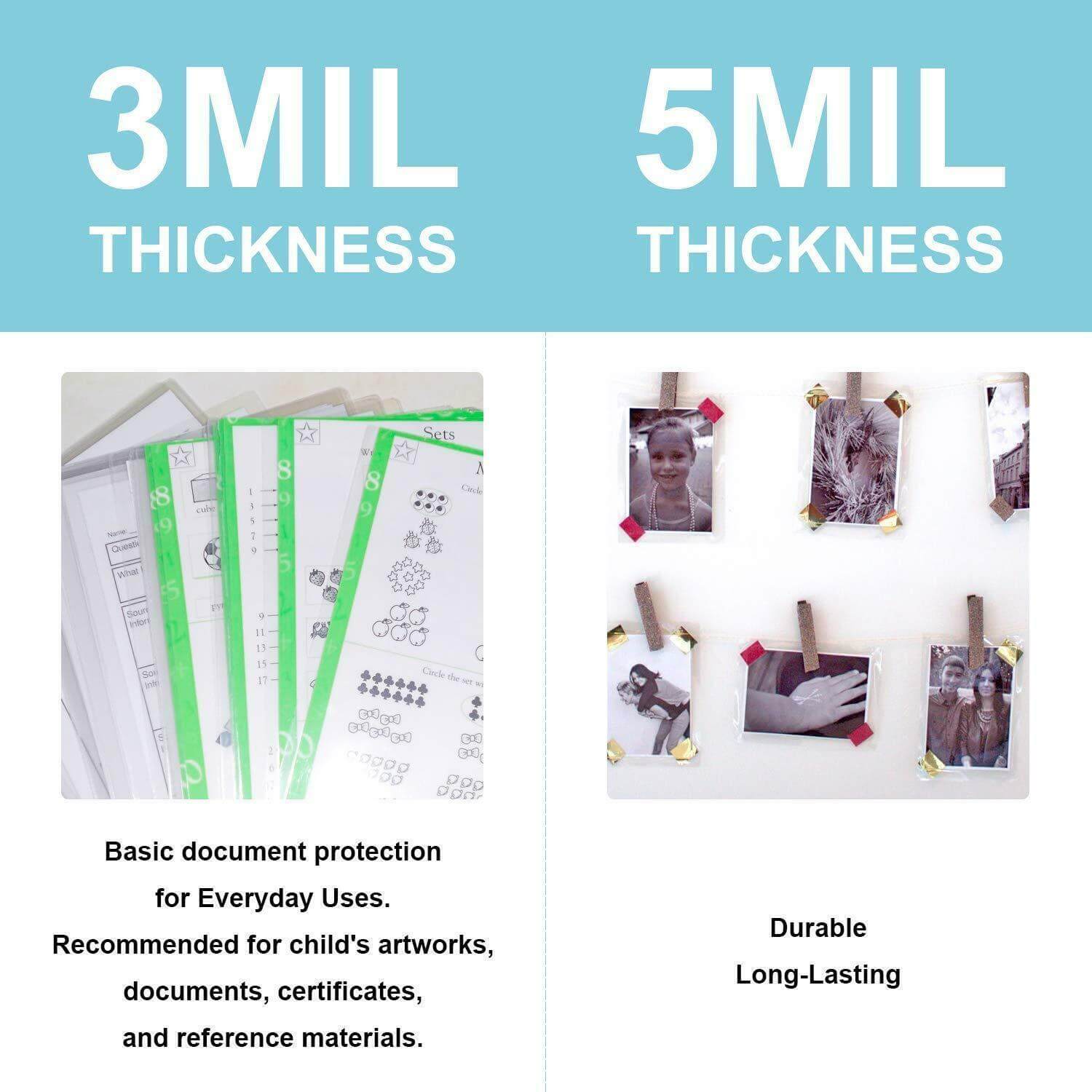 Comparison of 3 mil and 5 mil thermal laminating pouches for document protection and durability.