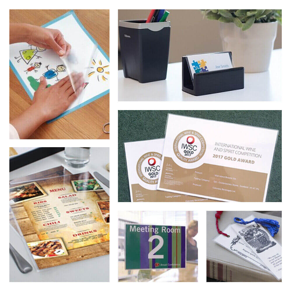 Thermal laminating pouches 11.5x17.5 used for menus, awards, and signs in a professional setting.