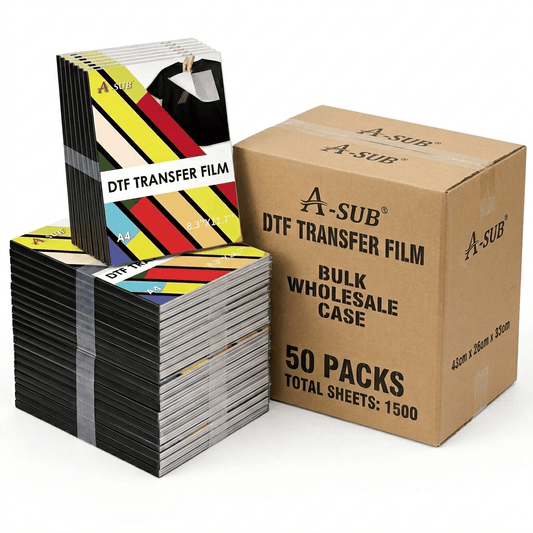 A-SUB DTF transfer film bulk wholesale case with 50 packs and 1500 sheets for high-volume printing.