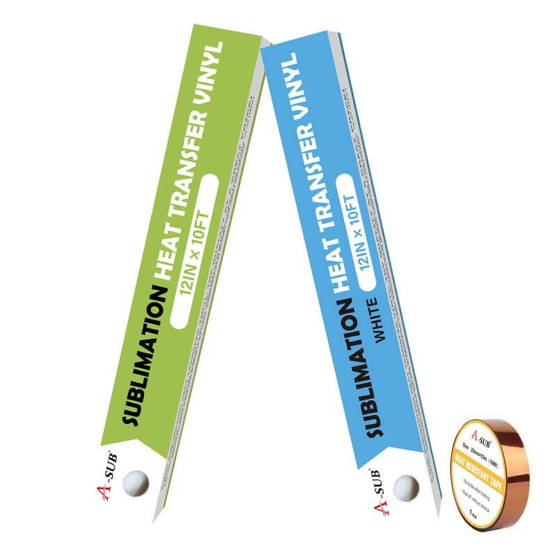 A-SUB Sublimation HTV Vinyl Combo Pack featuring green and blue packaging for sublimation vinyl for cotton shirts.