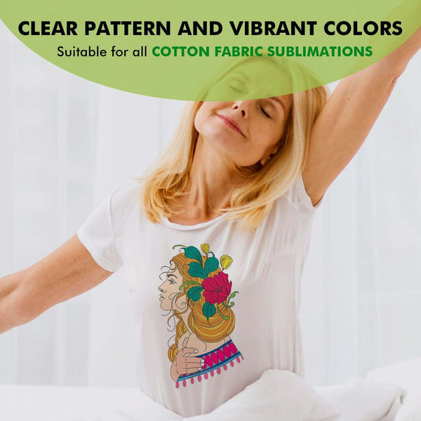 A-SUB sublimation vinyl for cotton shirts displayed on a model wearing a vibrant design T-shirt.