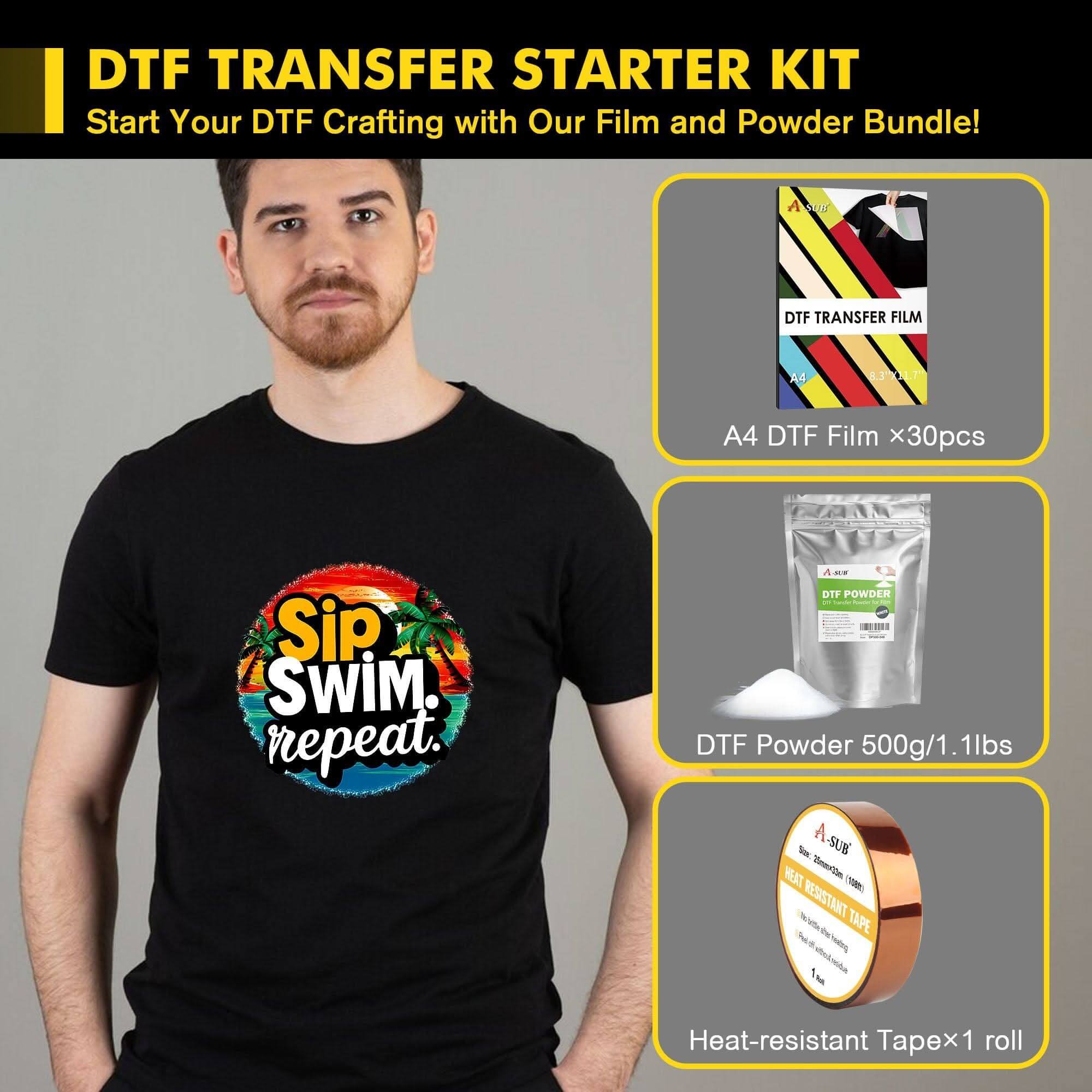 A-SUB DTF transfer film starter kit with DTF Film, DTF Powder, and Heat-resistant Tape for crafting.
