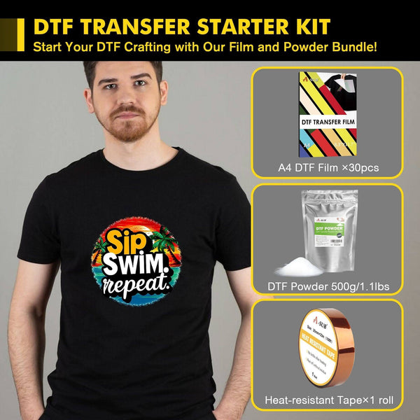 A-SUB DTF transfer film starter kit with DTF Film, DTF Powder, and Heat-resistant Tape for crafting.