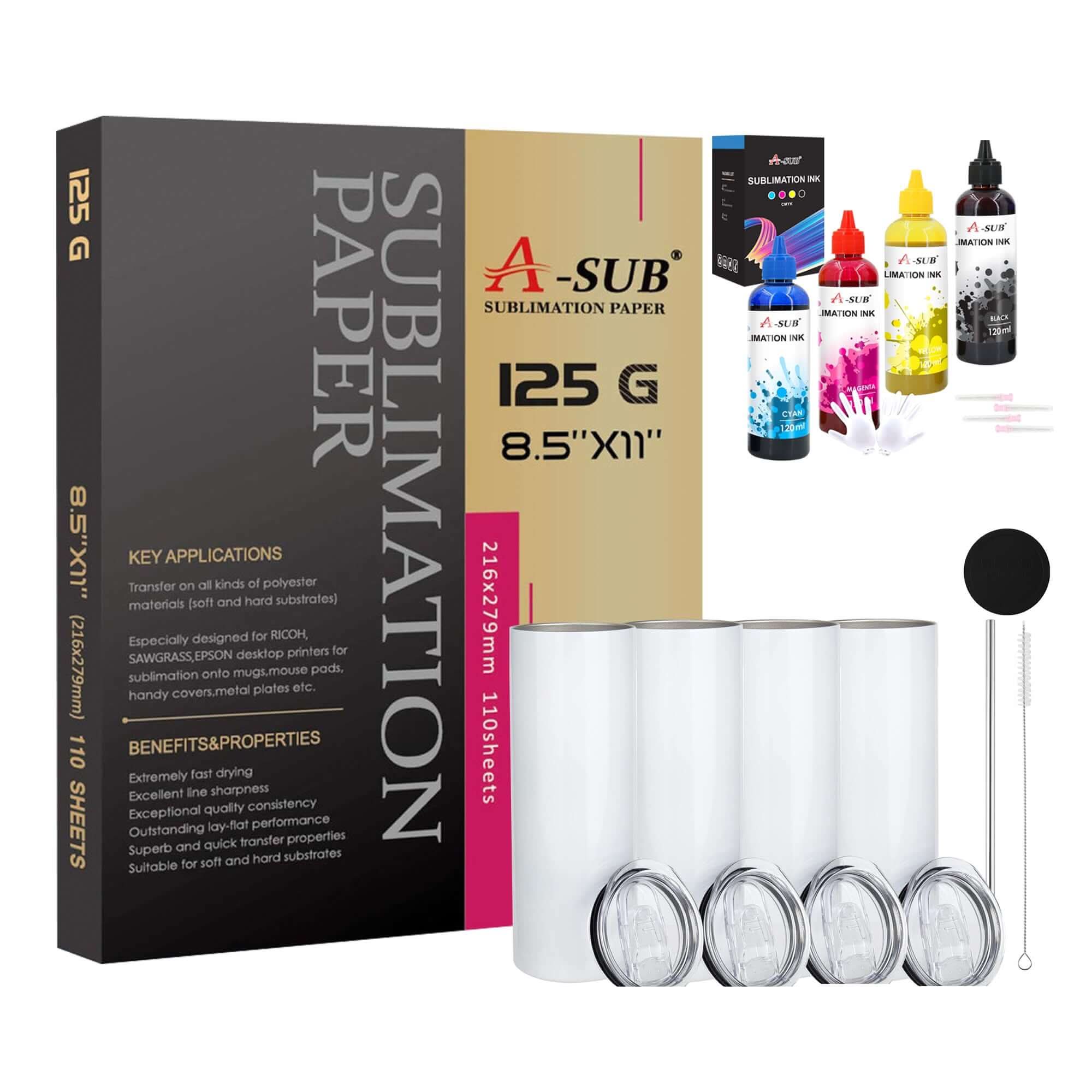 A-SUB Sublimation Paper A4 125g & 20oz Tumblers 4PK Bundle Kit