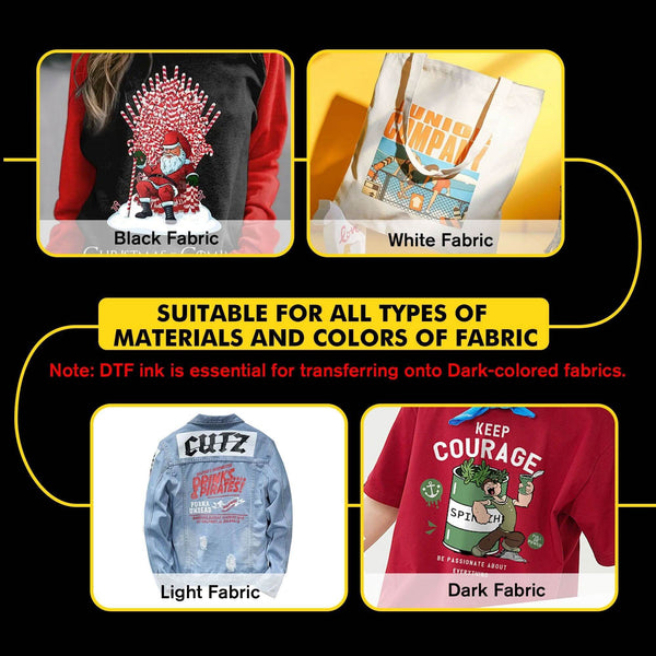 Image showcasing A-SUB DTF transfer film applications on black, white, light, and dark fabrics.