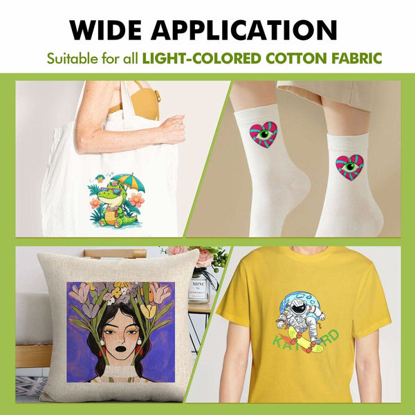 A-SUB sublimation vinyl for cotton shirts applied to light-colored cotton bags, socks, pillows, and T-shirts.