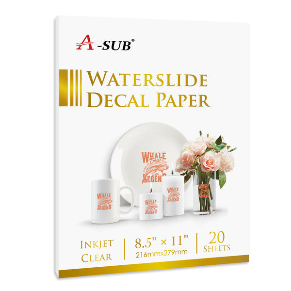 A-sub Waterslide Decal Paper for Inkjet Printers 20 Sheets Clear Water Slide Transfer Paper 8.5x11 in for DIY Tumbler, Mug, Glass Decals, White