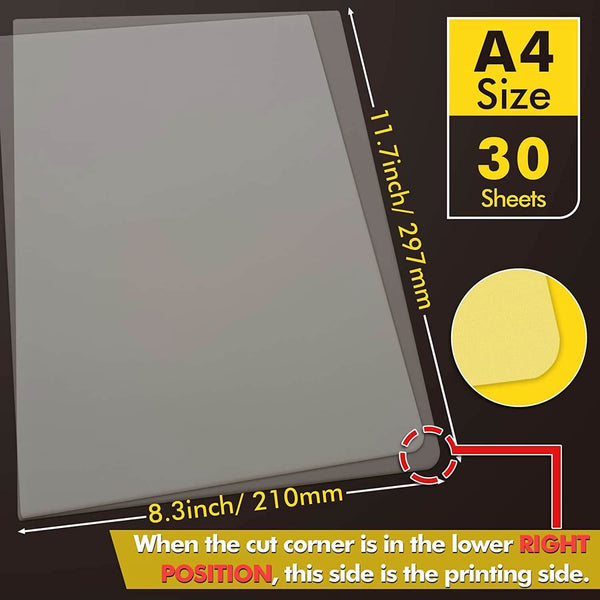 A-SUB DTF transfer film bulk wholesale A4 size image showing dimensions and printing side with 30 sheets.