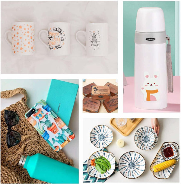 Variety of creative products including mugs, a thermos, and accessories showcasing unique designs and vibrant colors.