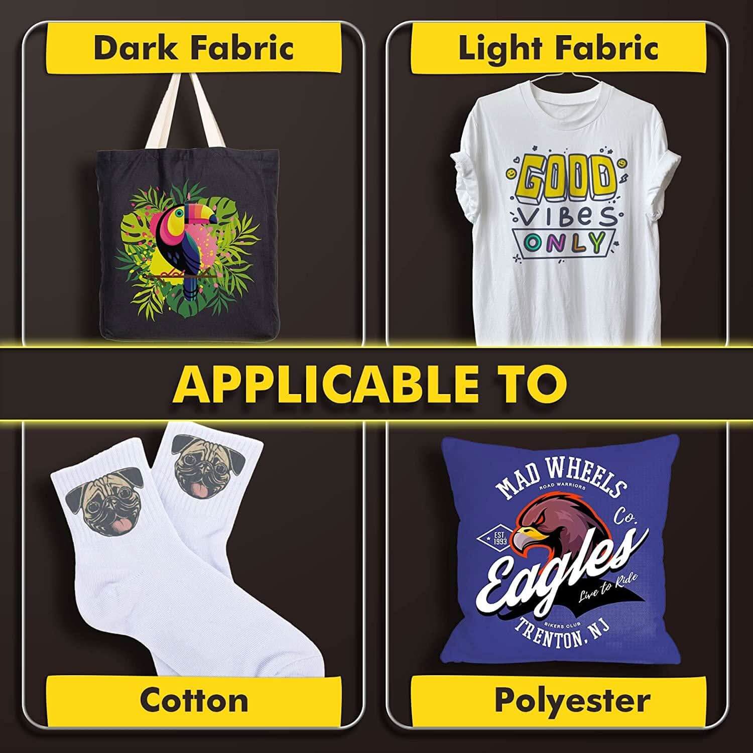Image showcasing A-SUB DTF transfer film bulk wholesale applications: dark and light fabrics, cotton, and polyester.