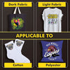 Image showcasing A-SUB DTF transfer film bulk wholesale applications: dark and light fabrics, cotton, and polyester.