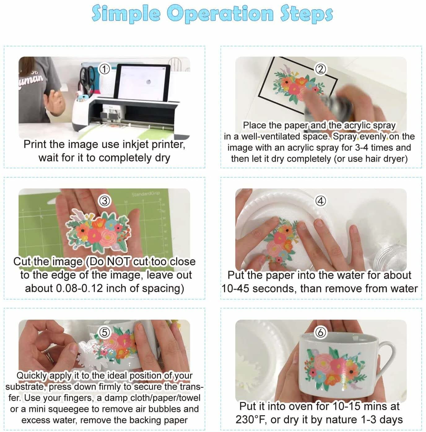 Step-by-step operation guide for using bulk waterslide decal paper with inkjet printers.