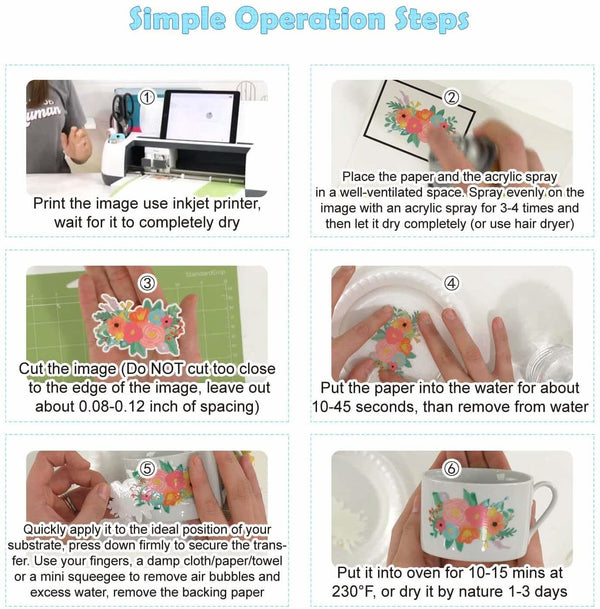 Step-by-step operation guide for using bulk waterslide decal paper with inkjet printers.